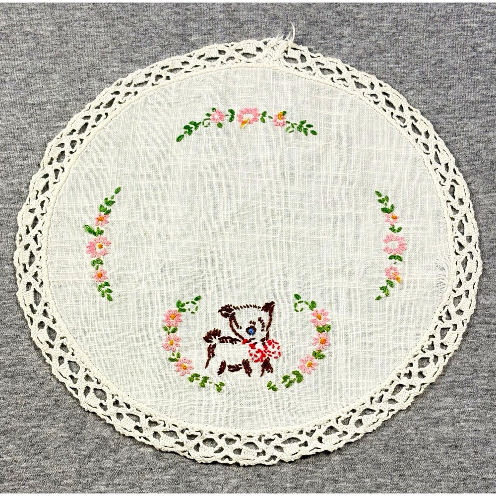 Round Embroidered Linen Doily with Crochet Lace Edge, Pink Floral Lamb Vintage